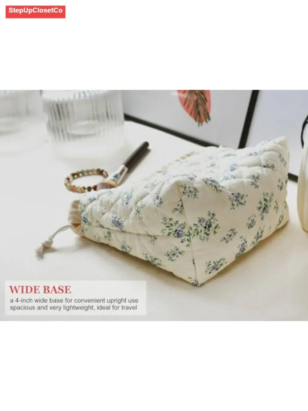 HAPPYHEIDI Large Makeup Bag Set 2 Travel Cosmetic Pouch Beige Florals with